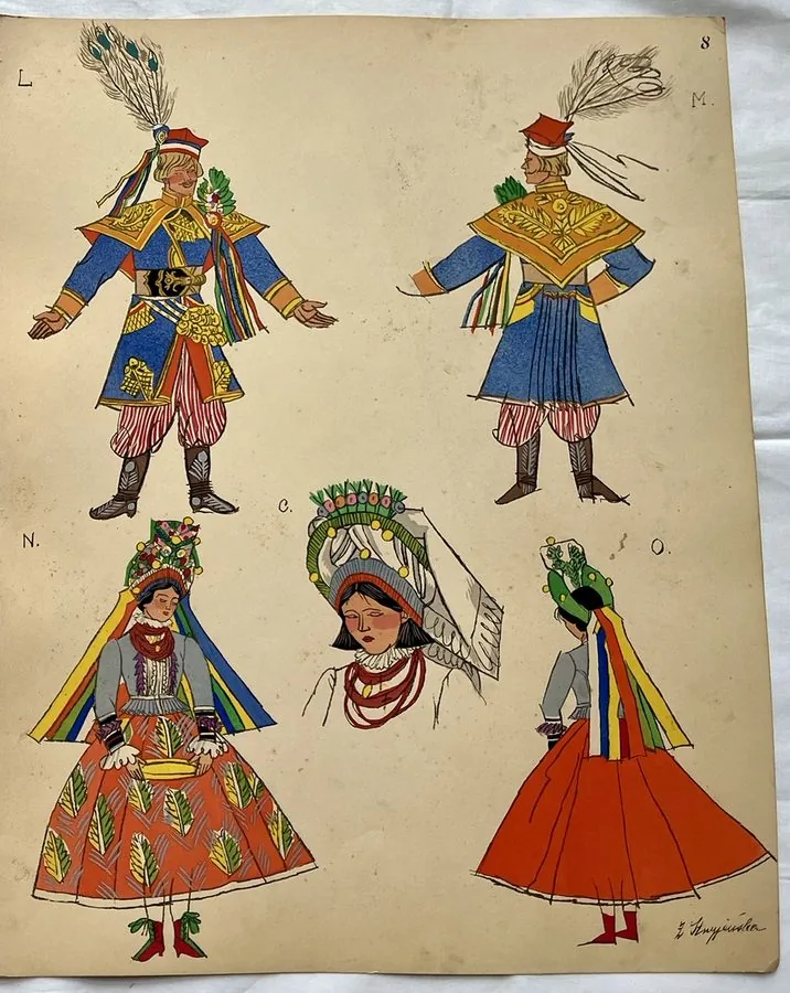 Zofia Stryjeńska, Plate 8 — Dancers in vivid colours, pochoir from «Polish Peasants Costumes», C. Szwedzicki, Nice, 1939