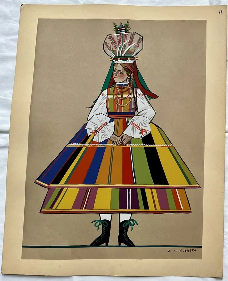 Zofia Stryjeńska, Plate 11 — Dancer in regional costume, pochoir from «Polish Peasants Costumes», C. Szwedzicki, Nice, 1939