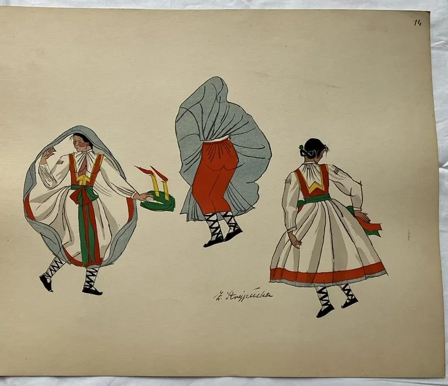 Zofia Stryjeńska, Plate 14 — Female figures in white skirts, pochoir from «Polish Peasants Costumes», C. Szwedzicki, Nice, 1939