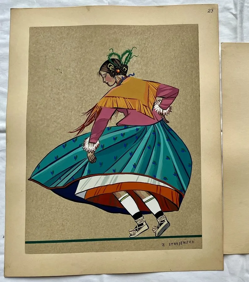 Zofia Stryjeńska, Plate 23 — Dancer in teal and orange, pochoir from «Polish Peasants Costumes», C. Szwedzicki, Nice, 1939