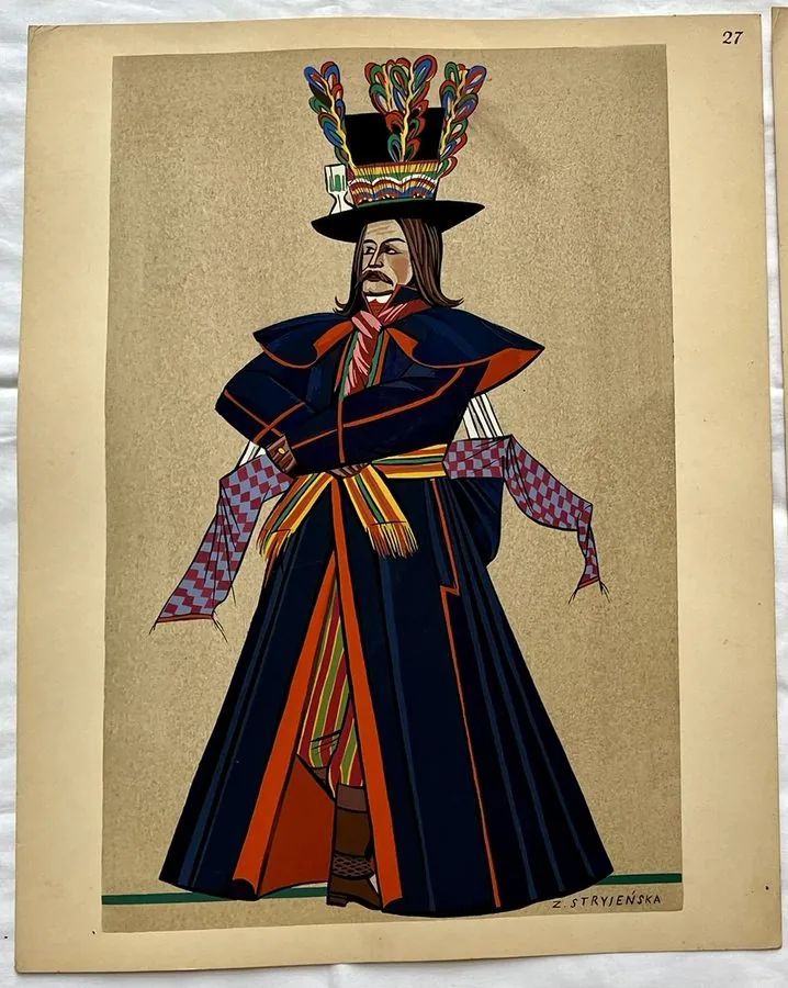 Zofia Stryjeńska, Plate 27 — Male figure in elaborate costume, pochoir from «Polish Peasants Costumes», C. Szwedzicki, Nice, 1939
