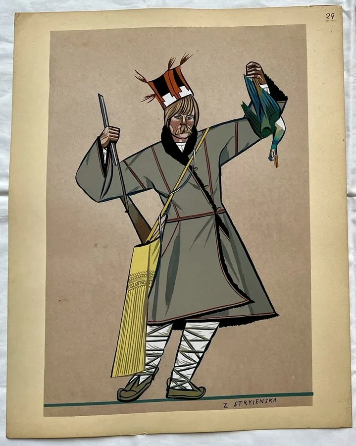 Zofia Stryjeńska, Plate 29 — Dancer in bold regional costume, pochoir from «Polish Peasants Costumes», C. Szwedzicki, Nice, 1939