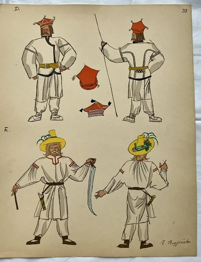 Zofia Stryjeńska, Plate 32 — Four figures in regional costume, pochoir from «Polish Peasants Costumes», C. Szwedzicki, Nice, 1939